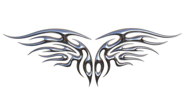 3D Chrome Tribal Wing Tattoo Design – Metallic Silver Symmetrical Ornament, Glossy Reflective Tribal Art Icon, Futuristic Chrome Ink Style Decorative Emblem - Powered by Adobe