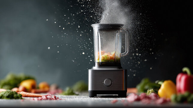 A modern blender pulverizing colorful vegetables with dramatic dust effect. Illustrates healthy eating, nutrition, or cooking concepts. Great for food blogs, recipes, or ads.