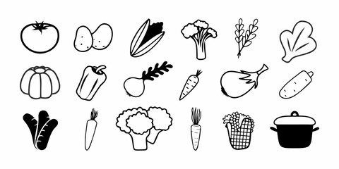 Collection of assorted fresh vegetables and food items, line art illustrations perfect for healthy eating and culinary themes
