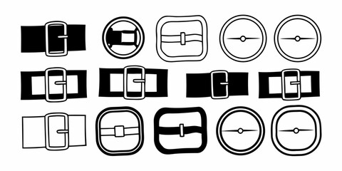 Set of various black and white line art belt buckles and strap fasteners, featuring different shapes and designs suitable for fashion, craft, and costume accessory projects