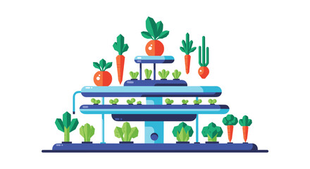 Fototapeta premium Illustration of a vertical hydroponic farm with various vegetables growing in stacked layers.