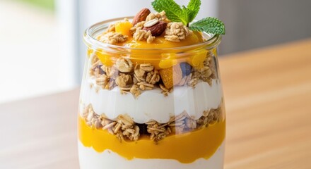 Artfully Layered Mango Yogurt Parfait with Crunchy Granola and Mint Garnish