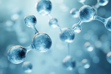 Transparent molecule structure with spheres and connected lines, blurred background