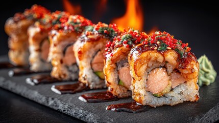 Delicious sushi rolls with vibrant toppings and a smoky fire effect, elegantly displayed on a dark slate platter, perfect for culinary photography.