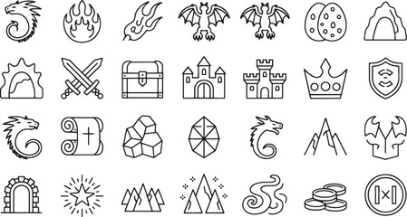 Fototapeta premium Collection of fantasy game icons dragons castles treasure coins and magical elements fire flame