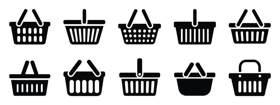 Shopping basket icon set featuring market and supermarket baskets, perfect for buy and shopping illustrations, vector design