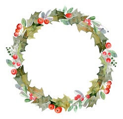 Watercolor Vector Christmas Wreath with Green Holly Leaves and Red Berries for Holiday Cards, Invitations and Festive Seasonal Designs
