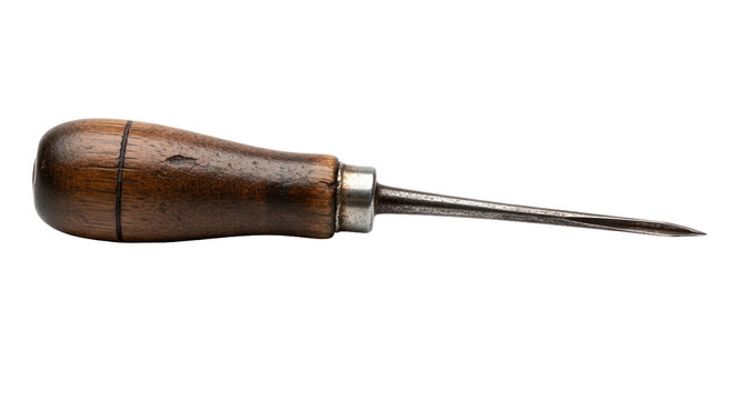 Wooden awl with rounded handle and sharp metal point—precision tool for piercing or marking wood, leather, or other materials. Essential in crafting, woodworking, and leatherworking