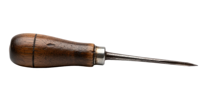 Wooden awl with rounded handle and sharp metal point—precision tool for piercing or marking wood, leather, or other materials. Essential in crafting, woodworking, and leatherworking