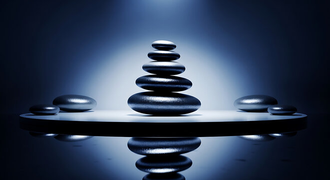 Zen stones stack on round surface for product display and spa concept in blue