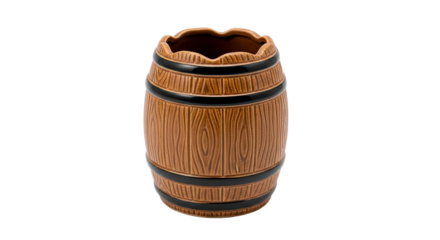 Barrel-shaped container with wood-like texture and black bands—scalloped top, compact and decorative. Ideal for holding small items or enhancing rustic-themed decor