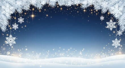 Magical winter background with pine branches and snowflakes.