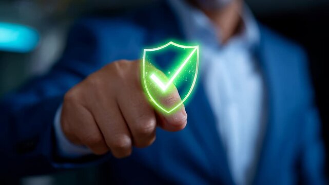Green shield checkmark security icon touchscreen business protection network cyber technology cybersecurity trust secure shield glowing verified