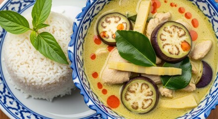 Authentic Thai Green Chicken Curry with Eggplant and Bamboo in a Traditional Blue Ceramic Bowl
