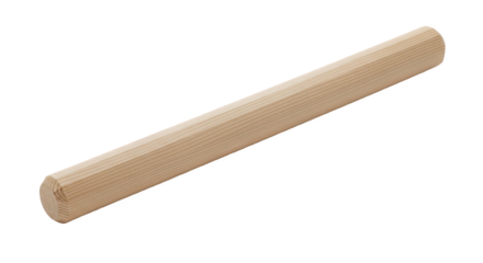 Wooden dowel rod with visible grain, rounded cylindrical shape—flat on one end, rounded on the other. Used in woodworking, furniture making, and DIY for support or joining