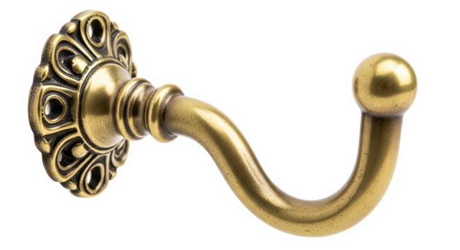 Ornate metal wall hook with floral circular base and curved arm ending in a rounded knob—brass finish, decorative and functional for vintage-style interiors