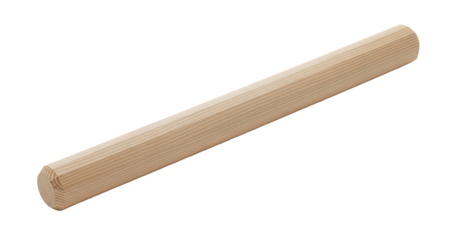 Wooden dowel rod with visible grain, rounded cylindrical shape—flat on one end, rounded on the other. Used in woodworking, furniture making, and DIY for support or joining