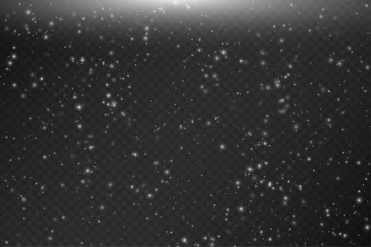 Bright white glow at the top with countless falling snow particles of different sizes and transparency on a dark checkered background. Light winter sparkle effect with soft glitter and dust.
