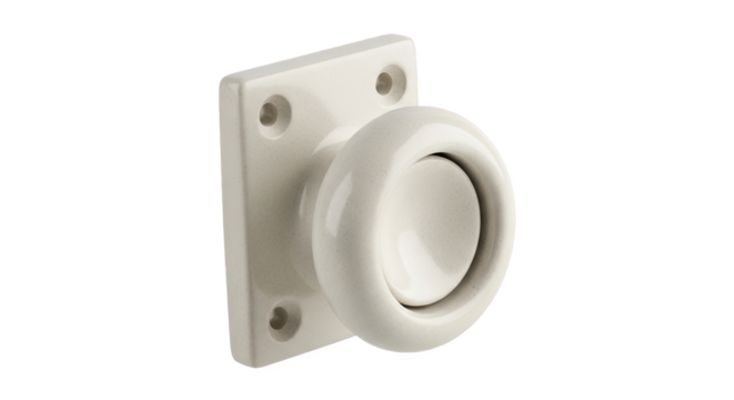 Ceramic wall-mounted doorstop with square base and recessed circular center—designed to cushion door impact and protect walls. Functional and decorative for residential or commercial interiors