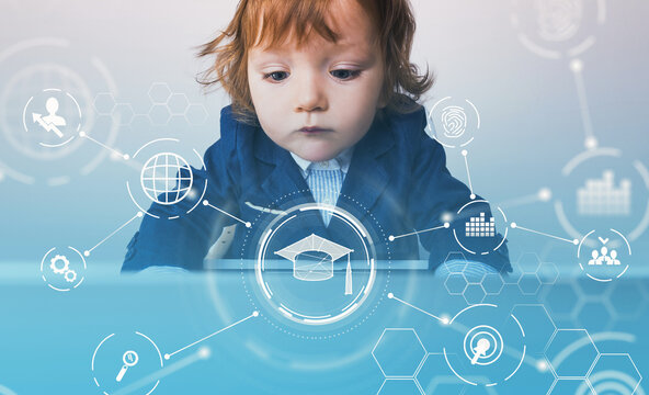 Young child in formal outfit interacting with futuristic education interface, modern digital graphic style, on gradient blue background, concept of learning