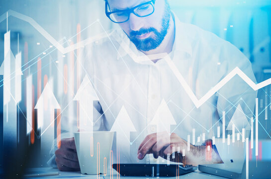 Man in white shirt working on tablet with abstract upward arrows and financial graphs, on blue background, concept of business growth and analysis