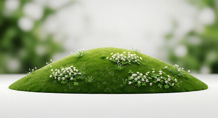 Fototapeta premium Green grass hill stage with flowers in front of a blurred spring backdrop