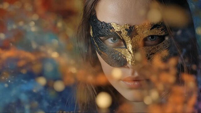 Close-up portrait of a mysterious young woman wearing an elegant black and gold glitter Venetian carnival mask. She looks directly at the camera with intense blue eyes through magical golden bokeh lig