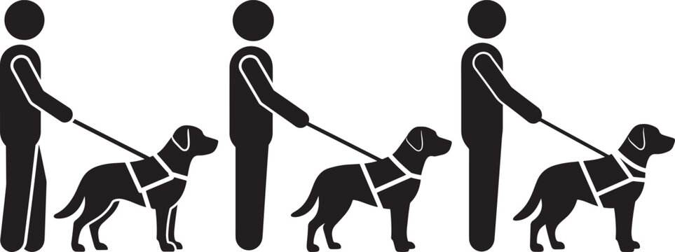 Three figures walking guide dogs in a simple silhouette style