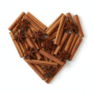 Heart Shape Made of Cinnamon Sticks and Star Anise Isolated on White