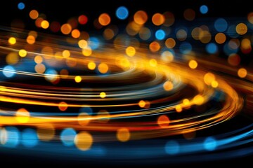 Abstract design with glowing lines and bokeh circles in warm orange and cool blue colors