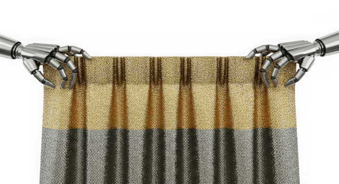 Robotic hands carefully hold a luxurious gold and silver fabric isolated on transparent background