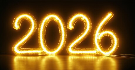 Bright golden numbers display year 2026. Illuminated digits rest upon reflective surface. Dramatic lighting creates strong visual impact.