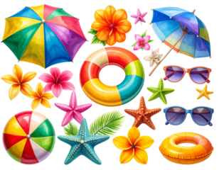 Summer Beach Accessories Set with Starfish, Float, Umbrella, Flowers, and Sunglasses — Transparent PNG