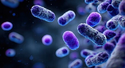 Microscopic view of purple rod-shaped bacteria, some blurred