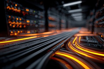 A data center hall with glowing cables running toward rows of servers