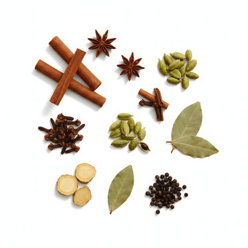 Ingredients for Masala Chai Tea Spices Flat Lay Isolated on White