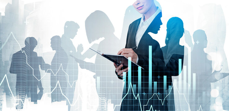 Silhouettes of business people working together, double exposure style, on a city background with financial graphs, symbolizing teamwork and strategy