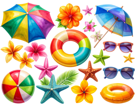 Summer Beach Accessories Set with Starfish, Float, Umbrella, Flowers, and Sunglasses — Transparent PNG