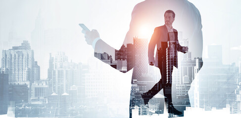 Confident businessman overlaid with urban cityscape using double exposure style on light background, illustrating concept of modern leadership and people