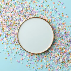 Empty round plate framed by pastel sprinkles on light blue background, top-down