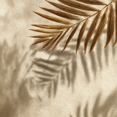 Dried palm leaf with shadow on beige textured background, natural tones
