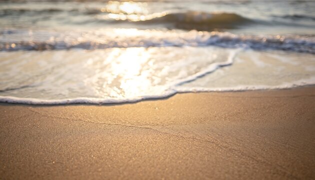 Soft dreamy blur of beach sand and gentle ocean waves in warm tones, creating a calm and uplifting summer atmosphere.