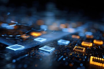 Close-up of a detailed motherboard with circuits and glowing digital components