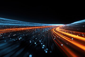 Abstract digital artwork showing vibrant, illuminated lines curving across a dark background