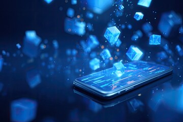 Futuristic phone interacts with blue cubes, displaying a digital graph with bokeh lights