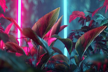 Neon-lit foliage with large, textured leaves in pink and blue glow