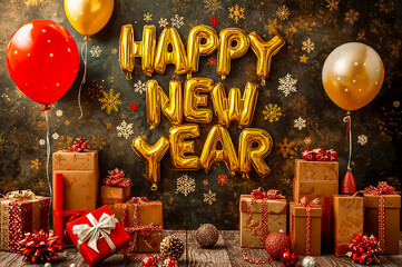 A colorful New Year card with gold text Happy New Year, balloons and gift box.
