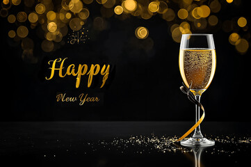A glass of champagne with golden ribbon in new year party and text Happy New Year on fireworks in night sky background.