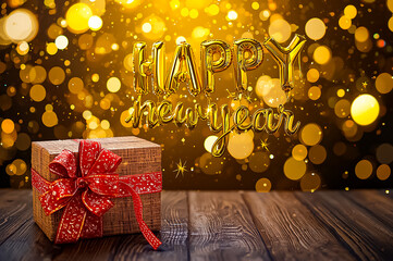 A New Year card with the gold text Happy New Year, a gift box on wooden table and golden bokey background.