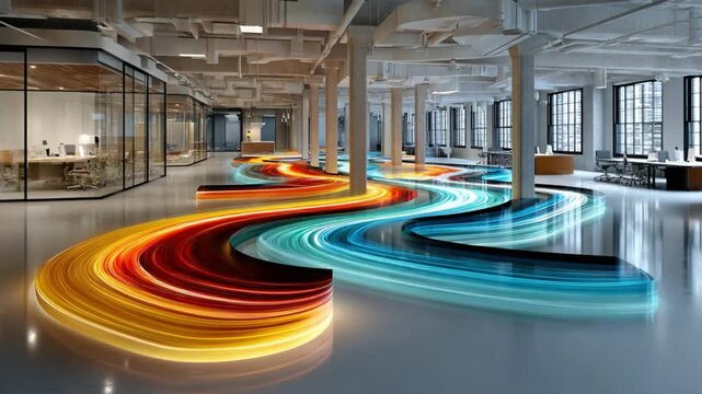 Data Stream Through Modern Office: A dynamic stream of data flows through a spacious, contemporary office environment, suggesting the digital backbone of a modern business. This stream.
